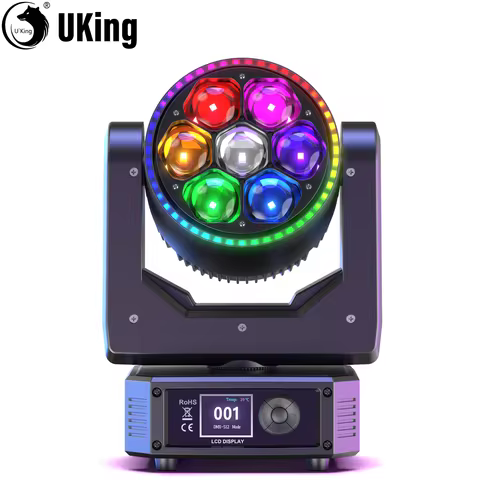 U'King 300W Mini Moving Head Light 7X25W RGBW LED Bee's Eye+Light Strip Stage Light DMX Zoom Beam DJ