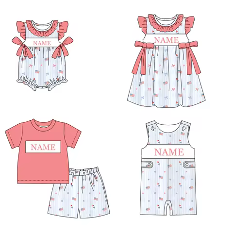 Custom Name July 4th Boutique Children's Clothing Cartoon Flag Print Girl Dress Romper Boys Suit Cus