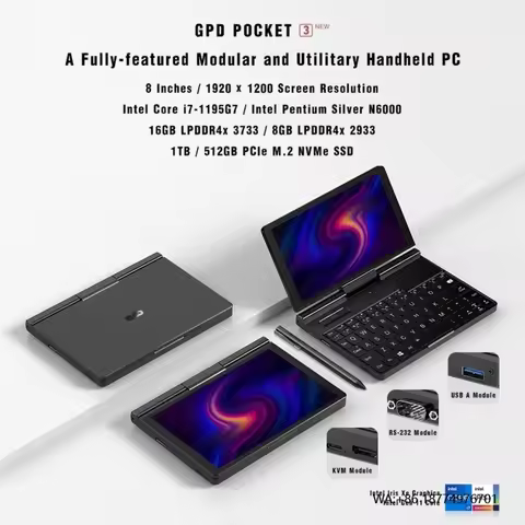 Latest GPD Pocket 3 Mini Laptop 8.0 Inch 16GB+1TB Win10 Home I7-1195G7 Quad Core Gaming Laptop Compu