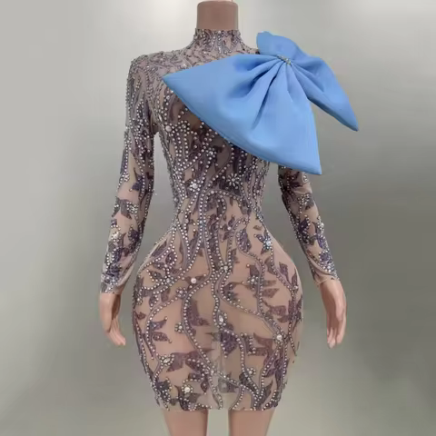Yiling shining diamond sky blue bow print tight dress evening gown elegant princess dress bridesmaid