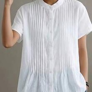 เสื้อเบลาส์สีขาวคอจีนสุดหรูสำหรับผู้หญิง, ทรงหลวมพร้อมจีบรอบตัว, ผ้าทิ้งตัวระบายอากาศได้ดี, ใช้งานได