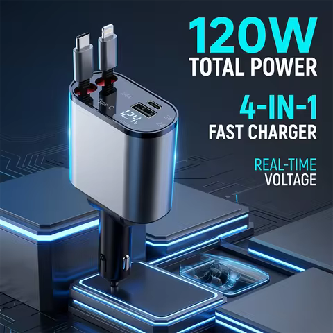 Retractable Car Charger 4-in-1 120W Fast Charging Adapter with Dual PD Ports Digital Voltage Display