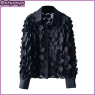 Women Summer Chiffon Shirt Lapel Lantern Long Sleeve Shirt Tops 3D Floral Print Semi-Sheer Mesh Spli