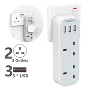 Double Plug Adaptor with 3 USB, TESSAN 2 Way Multi Plugs Extension Adapter, 13A UK 3 Pin Wall Charger Sockets Power Extender for Home, Kitchen, Office