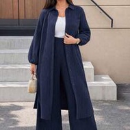 Autumn And Winter Casual Elegant Work Navy Blue Woven Shirt Collar Bishop Sleeve Pocket Long Long Sl