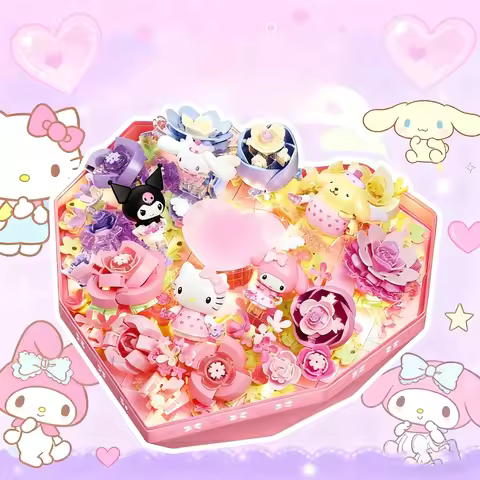Sanrio Series Flower Box Building Blocks Hello Kitty Kuromi Cute Character Model Bricks With Lights 