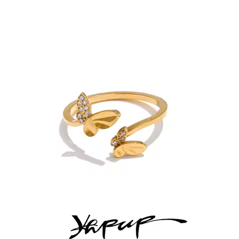 Yhpup 2025 Stainless Steel Zirconia Butterfly Adjustable Exquisite Open Ring Delicate Fashion Jewelr