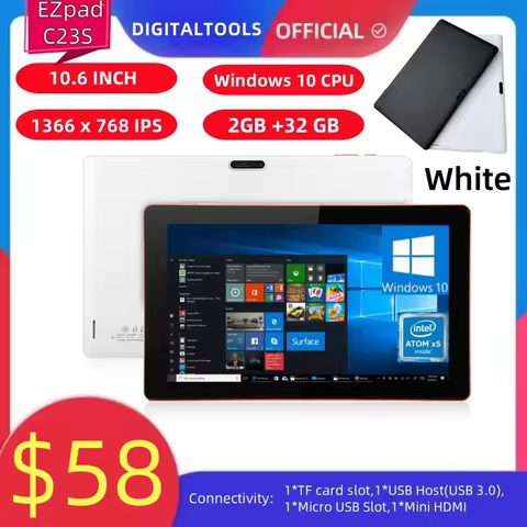 32Bit 10.6" Windows 10 Tablet PC 2GB RAM 32GB ROM X5 Z3735F Quad Core 1.33-GHz 1366 x 768 Pixel WIFI