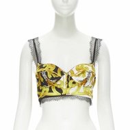 new VERSACE Barocco Acanthus black gold print lace trimmed bustier bra IT38 XS