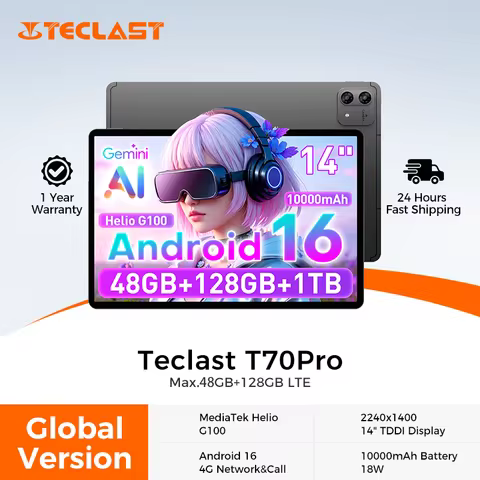 Teclast T70 Pro 14" 2.2K Display 2240x1400 MTK Helio G100 Max. 48GB RAM 128GB ROM Android 16 Tablets