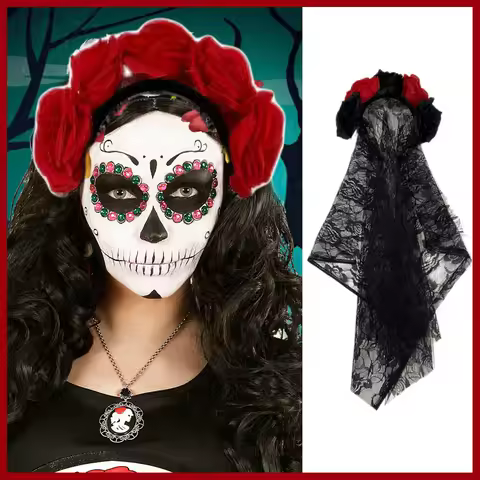 1PCS Black Veil Halloween Rose Flower Headband Costume Cosplay Wedding Mexican Rose Flower Crown Hea