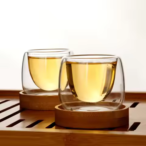 Design Double Wall Cup Teacup Bamboo Tray Set Anti-Hot Tasse Cafe Scented Tea Coffee Cups Copos Taza