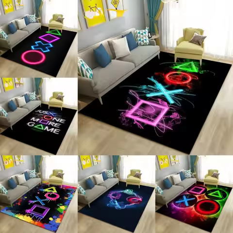 Game Controller Carpet Neon Gamepad Circle Cross Square Triangle Non-slip Rug Mat Living Room Home D