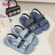 YOTO Retro Sandals For Women Denim Adjustable Buckle Double Strap Flat Slippers
