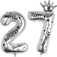 40 Inch Silver Foil Balloon Number 27,Crown 27th Birthday Party Decorative Balloons,Number Large Num