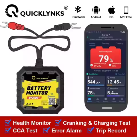 QUICKLYNKS BT2000 12V Car Battery Test 100-2000 CCA Bluetooth Health Mornitor Battery Cranking&Charg