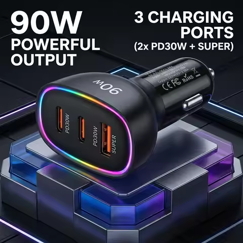 Fast Car Charger 90W 3 Ports Multi USB C PD 30W and USB A QC 30W Automobile Power Adapter with Glowi
