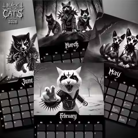 New Year Black Metal Cats 2026 Wall Calendar 2026 Cat Lovers Corpse Paint Kitties Calendar Heavy Met