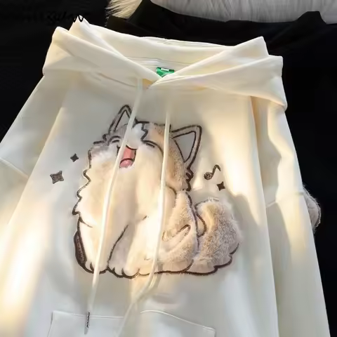 Streetwear BF Women Hoodies 2025 Ropa Mujer Preppy Style Cat Embroidery Hooded Thicked Sweatshirs Ca