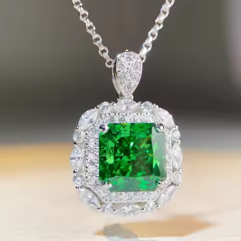 Luxury white gold solid platinum PT950 Women's Emerald Diamond Pendant Necklace Women's Square Full 