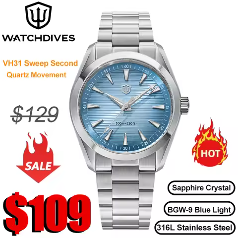 Watchdives WD0006 Watch VH31 Sweep Second Movement Domed Sapphire Crystal BGW9 Luminous 10Bar Waterp