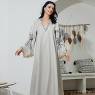 SW2102 Middle Eastern Muslim Ladies' Abaya with V-neck Printed Tassels