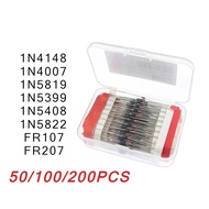 50/100/200pcs Rectifier Diode Schottky Diodes Kit 1N4007 1N4148 1N5819 1N5399 1N5408 1N5822 FR107 FR