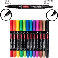 Chemical Pen 2-Headed Marker Zeyar Set Of 12 Pens Mixed Colors Size 0.5-2.0mm Strong Round Head Dark