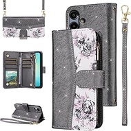 for Samsung Galaxy A06 Floral Wallet Case with Flip Zipper Purse Wrist/Shoulder Strap Luxury Glitter