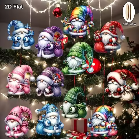 2D Flat 12Pcs Colorful Gnome Wooden Christmas Ornaments, Dwarf Santa Hanging Pendants, Decorations f