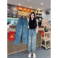 [Real photo] Embroidered Loose Begy Pants - High Waist, Elastic Waist - Ripped