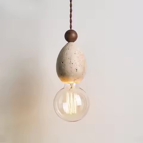 Luma Cream Style Yellow Travertine Pendant Lights, Nature Stone Wood Hanging Lamps for Bedroom Bedsi
