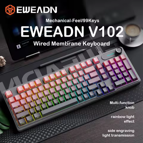 EWEADN V102 Wired Keyboard 98 Keys RGB Backlit Membrane Keyboard with Rotary Knob Side Printed Keyca