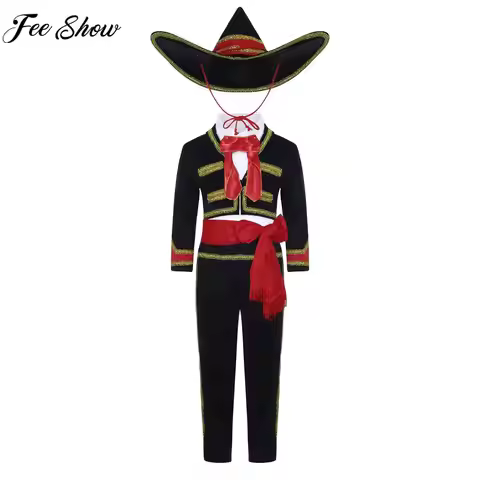 Kids Boys Halloween Carnival Mexican Traditional Mariachi Cosplay Costume Day of The Dead Masquerade