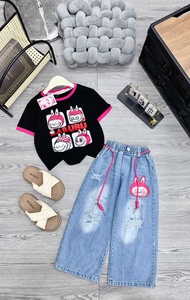[SET BÉ GÁI] (18-35kg) Bộ áo thun in hình gấu dâu KUROMI LABUBU BABY THREE quần jean cho bé gái