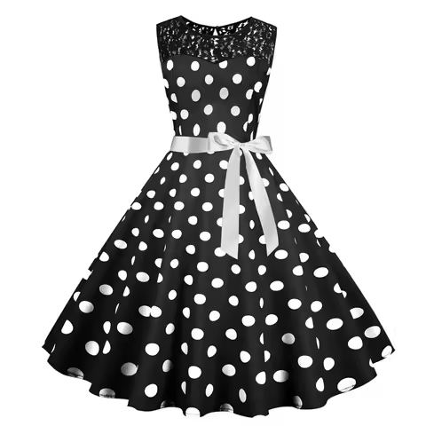 Fashion Polka Dot Dresses for Women Vintage Lace Spliced Swing 50s 60s Rockabilly Prom Party A Line 