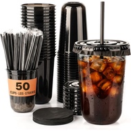 16 oz Black Plastic Cups with Lids and Straws - 50 Set Disposable Round Bottom Iced Coffee To Go Cup