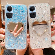 For OPPO Reno 10 Pro International Version Reno10 Pro+ 5G Phone Case Bling Diamond Silver with Peach Heart Makeup Mirror Soft Transparent Cover Casing Oppo Reno10Pro Plus