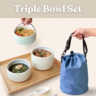 SWANZ Triple Bowl Set - Ceramic Meal Prep Lunch Box Food Container for Adults, Airtight, Microwave Safe