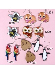 A7 1對透明動物卡通風格的可愛怪誕蠟線耳環,設計有老虎、貓、貓頭鷹、鸚鵡和蜜蜂圖案,適合女性每日穿著