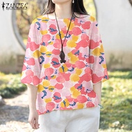 ZANZEA เสื้อวินเทจสำหรับผู้หญิงใส่ในฤดูร้อนคอกลมลินินผ้าฝ้ายแขน3/4แยกเสื้อสวมหัวหลวม #7
