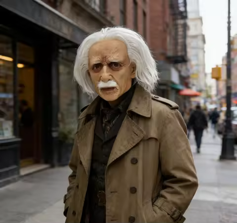 Iconic Einstein-Style Old Man Cosplay Mask – Realistic Wrinkled Skin, White Hair & Facial Hair – Per