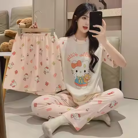 Pajama Set Summer New Women's Hello Kitty Short Sleeved Pants Three Piece Set Sanrio Cartoon Student