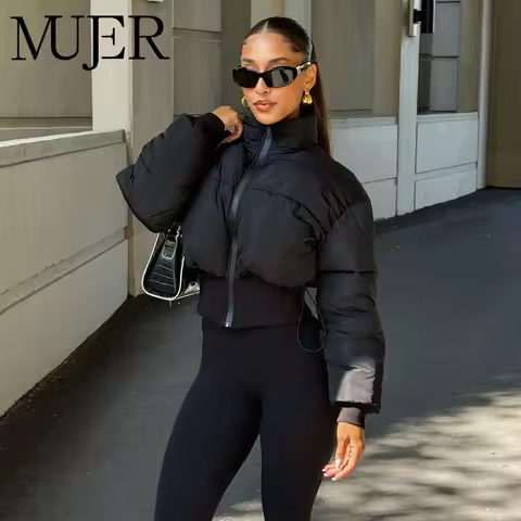 MUJER Puffed Cropped Jacket Women Black Zip Quilted Jacket Woman Long Sleeve Women's Bomber Jackets 