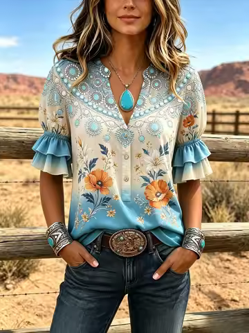 Boho Women Floral Daisy Print Shirt V‑Neck Double‑Layer Ruffle Short Sleeve Western Cowgirl Blouse