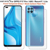 For OPPO F17 Pro / A93 4G / Reno4 F / Lite 6.43" 1 Set = Back Rear Carbon Fiber Film Sticker + Clear Front Clear Tempered Glass Screen Protector Guard