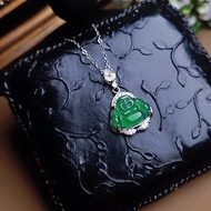 招財•高貴•順心|冰玻綠佛公|A貨翡翠純銀豪鑲吊墜項鍊