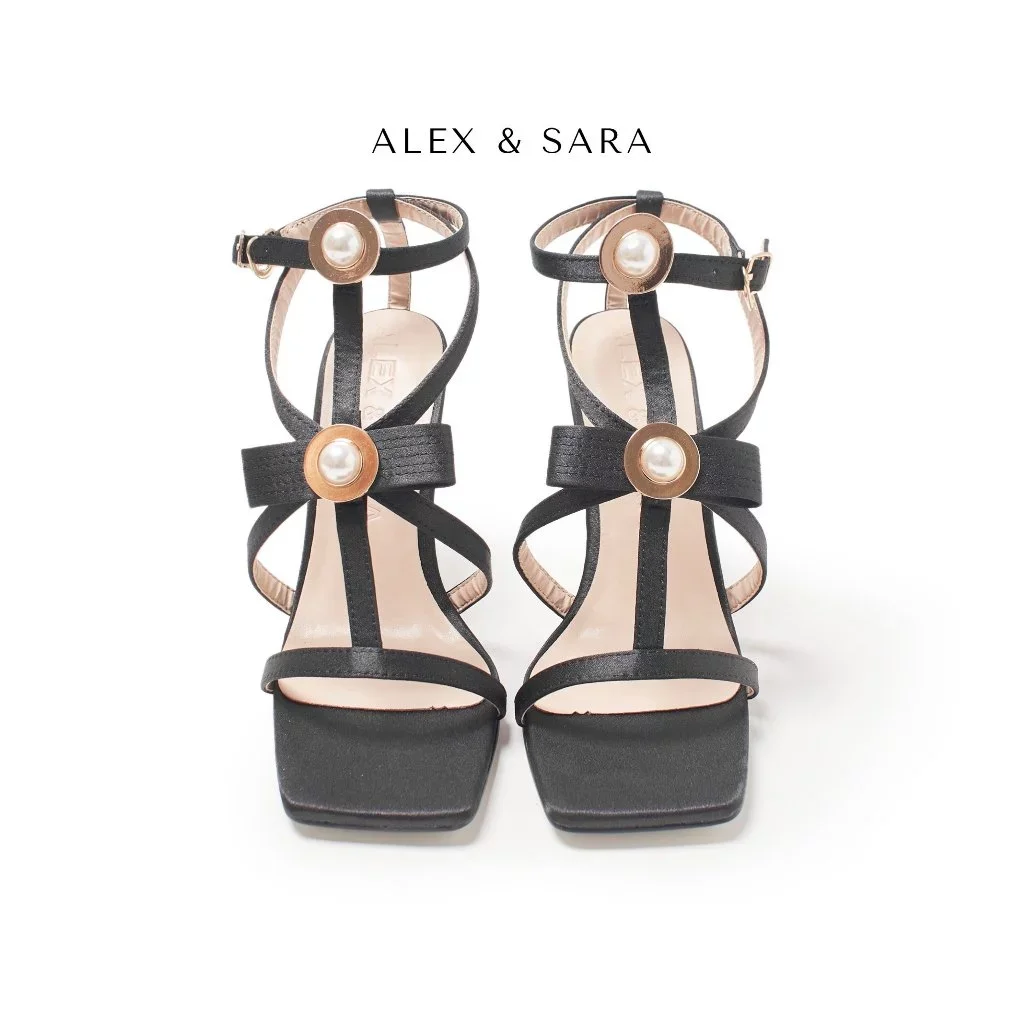 Giày sandal cao gót mũi vuông đính khóa nơ ngọc trai sang trọng cao 10cm | ALEX & SARA - LT03