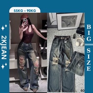 Women's high-waisted ripped wide-leg jeans Bigsize 55-90kg, high-quality QC wide-leg style 2KJeans Q