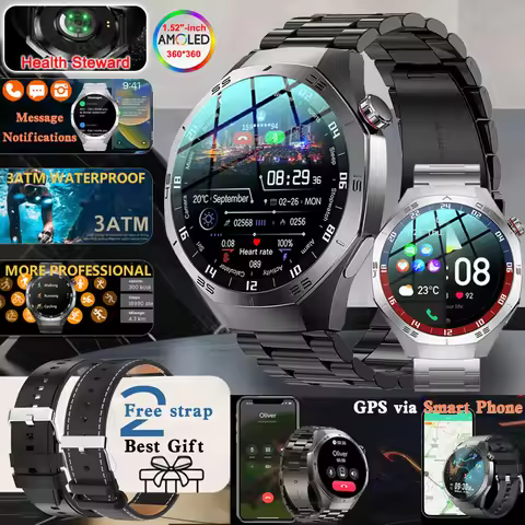 2025 New 100+Sport GPS NFC Smart Watch Men 360*360 AMOLED Screen Heart rate Bluetooth Call IP67 Wate